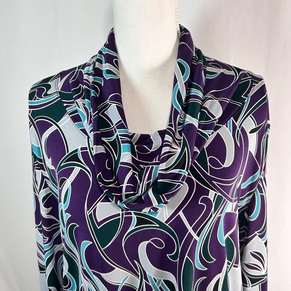 Anne Klein XL Purple Teal Abstract Swirl‎ Cowl Neck Long Sleeve Top - Picture 3 of 9